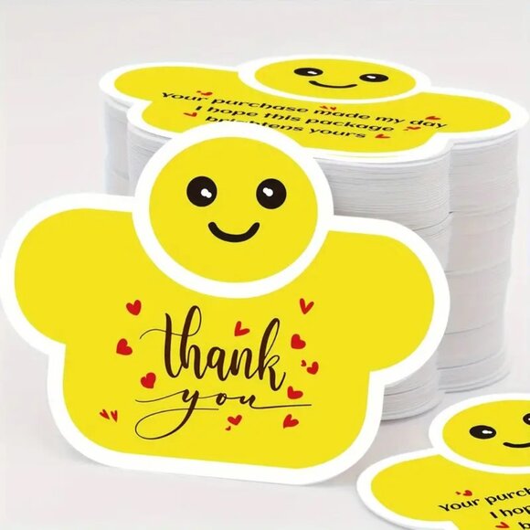 50 Thank You Cards Unique Happy Smiley Small Business Yellow Black Red Hearts - Picture 1 of 3
